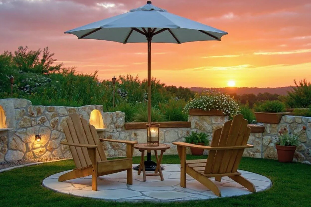 Outdoor stone patio with Adirondack chairs and umbrella at sunset