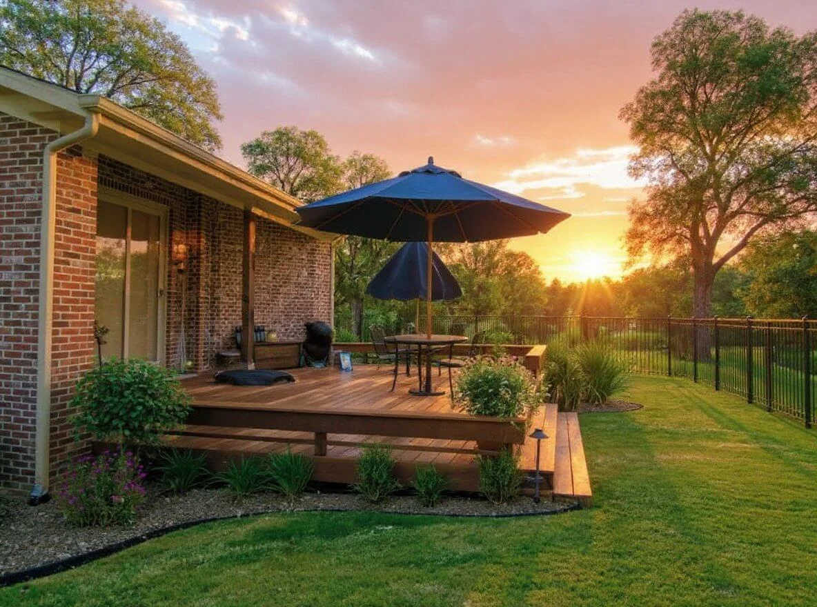 Custom wooden deck with umbrellas and landscaped backyard at sunset
