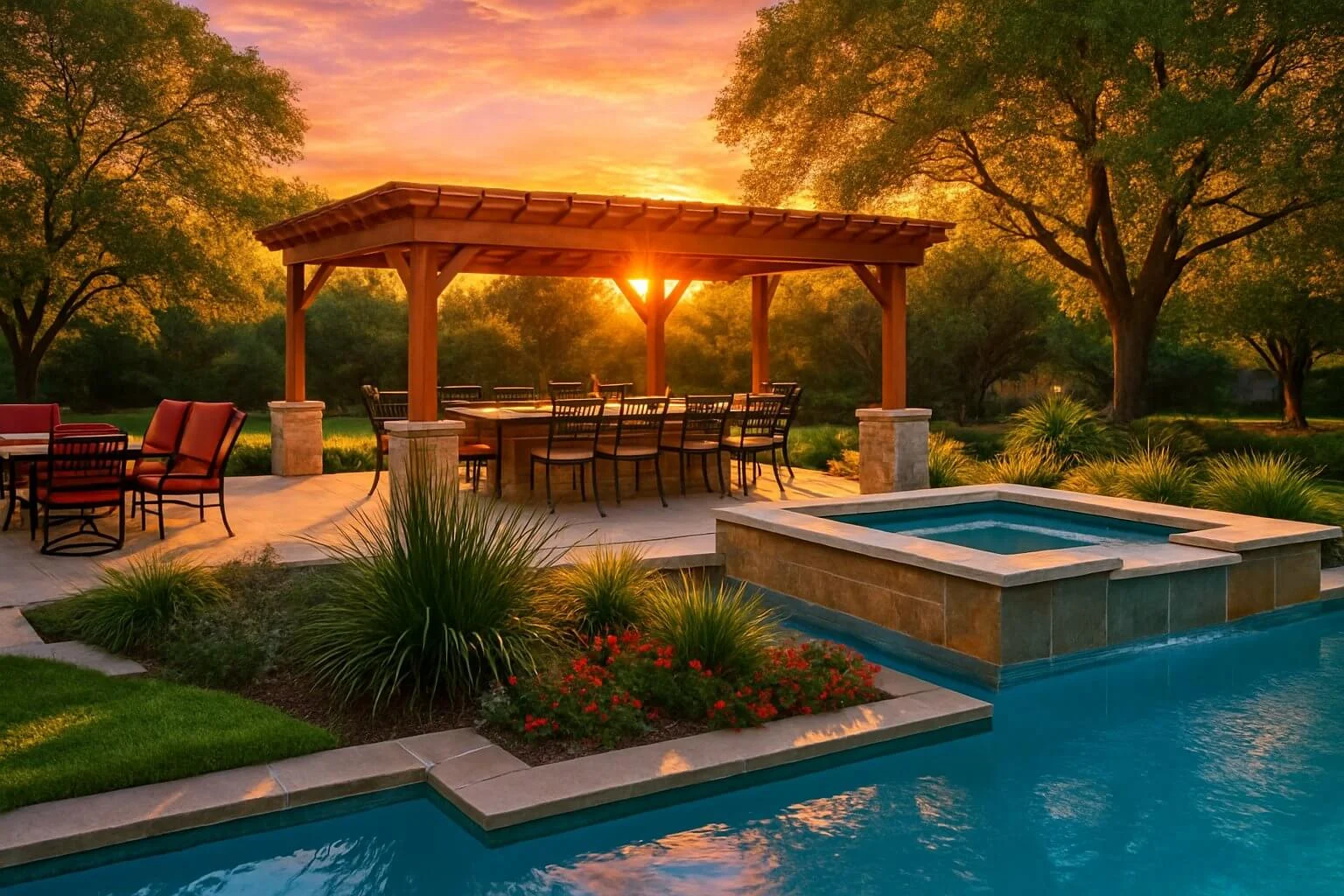 Outdoor pergola with pool, hot tub, and dining area at sunset