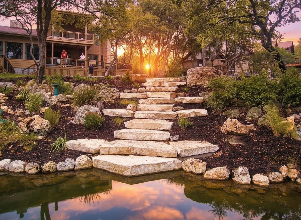 Natural stone stairway leading to home at sunset with pond reflection