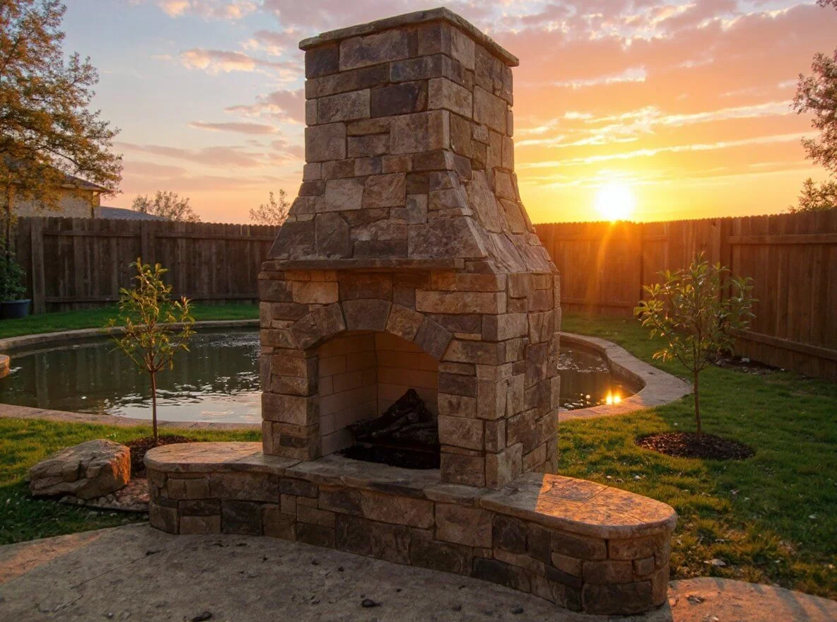 Custom stone fireplace with arched firebox beside a pond at sunset