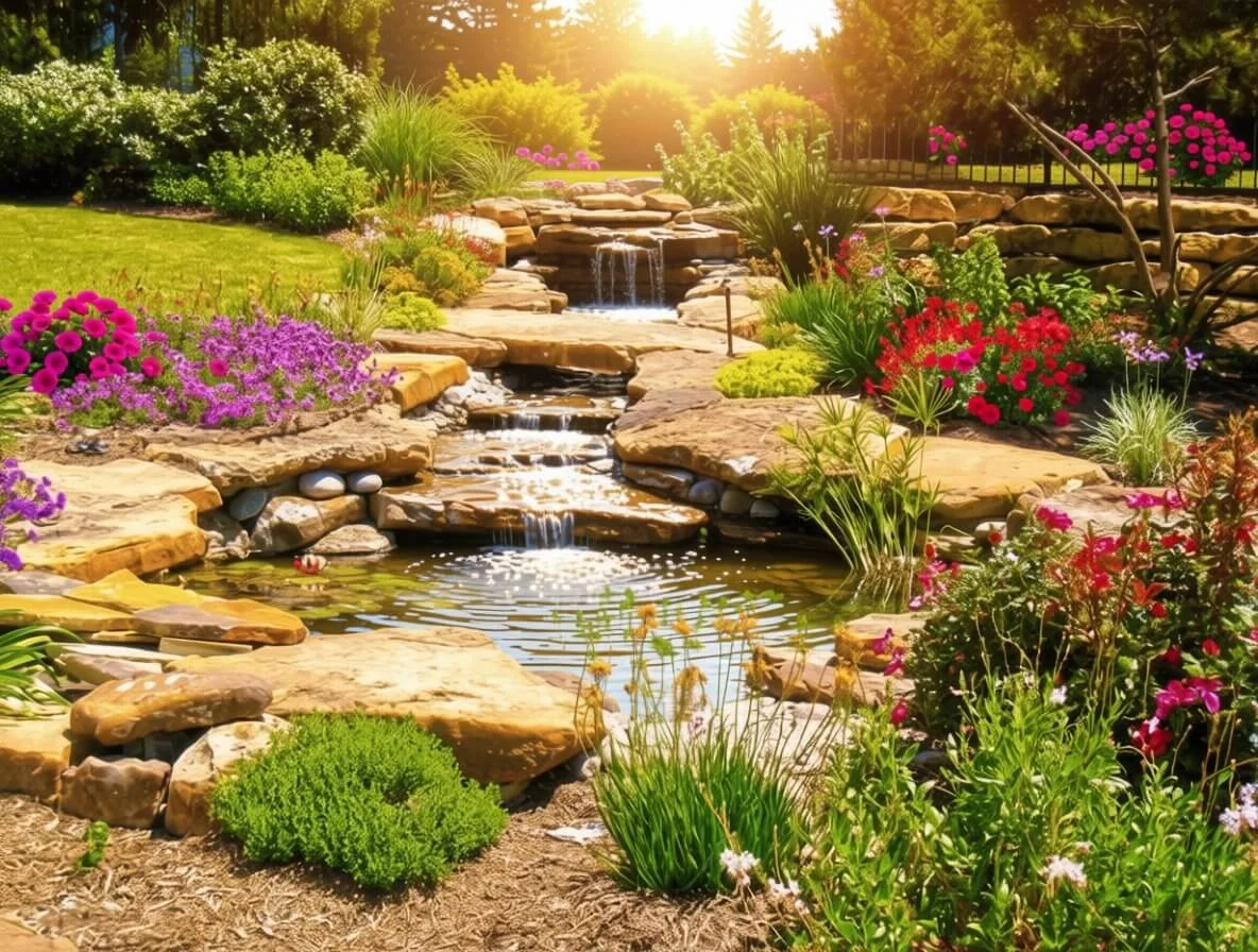 Cascading stream water feature with natural stone and vibrant flower beds