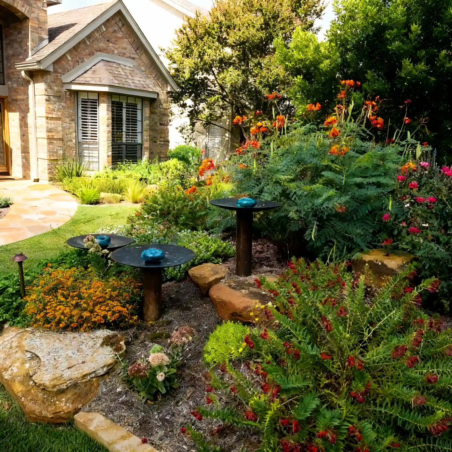 Native xeriscape garden with colorful flowers and water features in front of stone home